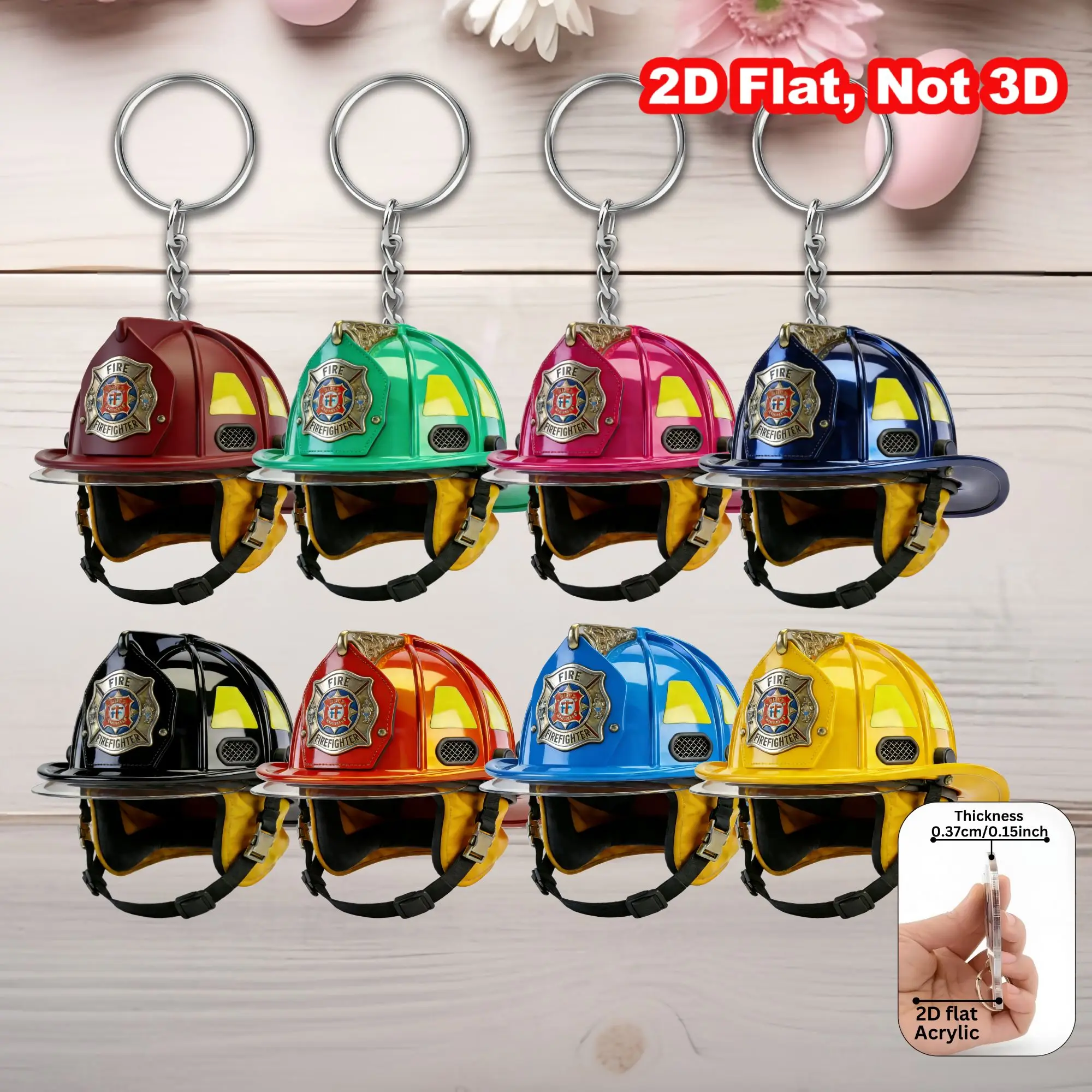 Firefighter Helmet Keychain 2D Flat Acrylic Pendant Firemen Themed Ornament Hanging Decoration for Car Bags Festive Party Gift