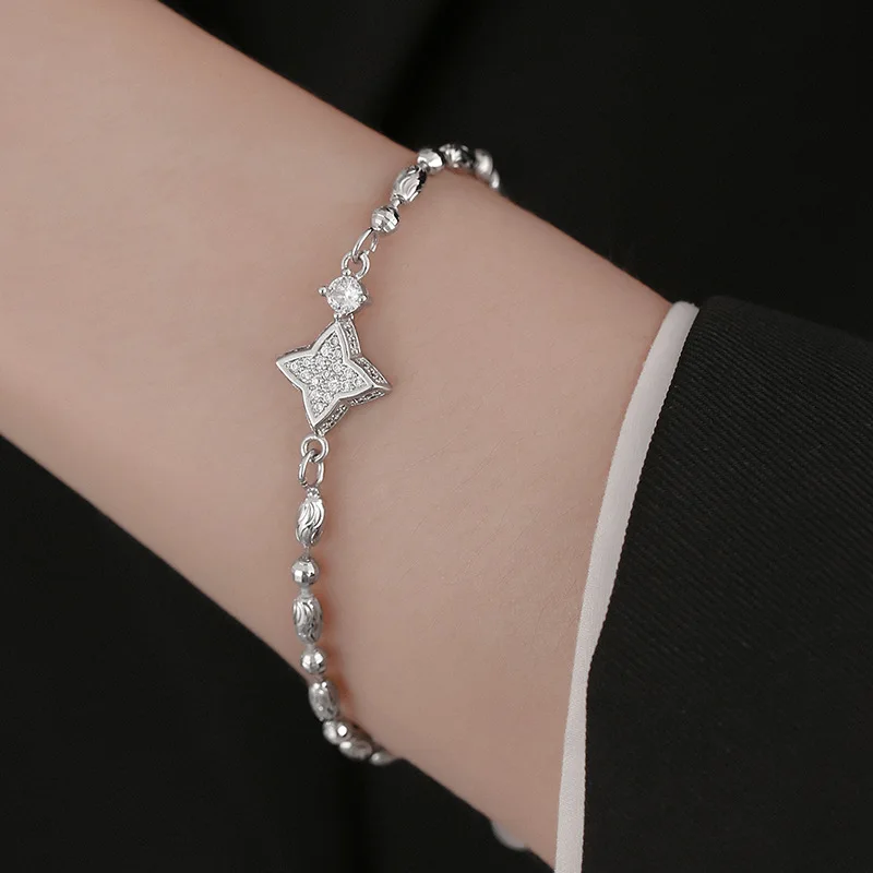 Mid Ancient Style Double-sided Four Pointed Star Bracelet for Women, Inlaid with Zircon, Super Sparkling High-end Feel Bracelet