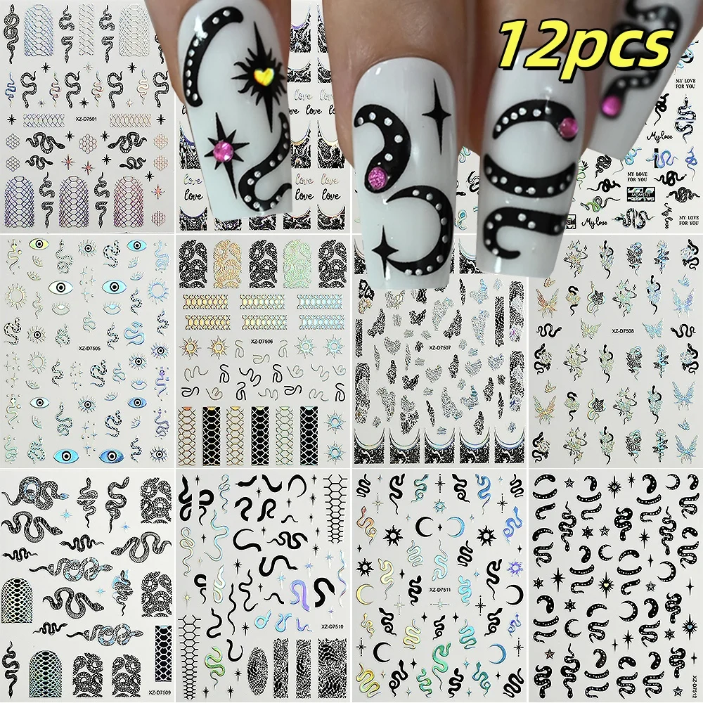 12 pièces 3D oeil de démon noir serpent conception ongles autocollants coloré Laser argent serpent Nail Art autocollants serpent décalcomanies pour bricolage manucure *