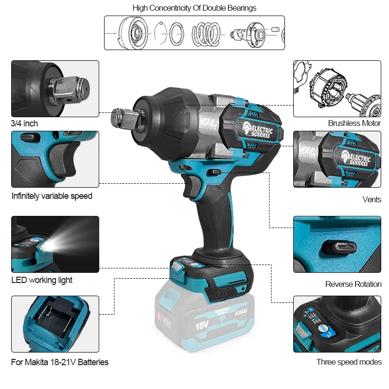 Electric Goddess Brushless 1500N.M High Torque 3/4 Inch Electric Impact Wrench Cordless Drive Power Tool For Makita 18V Battery