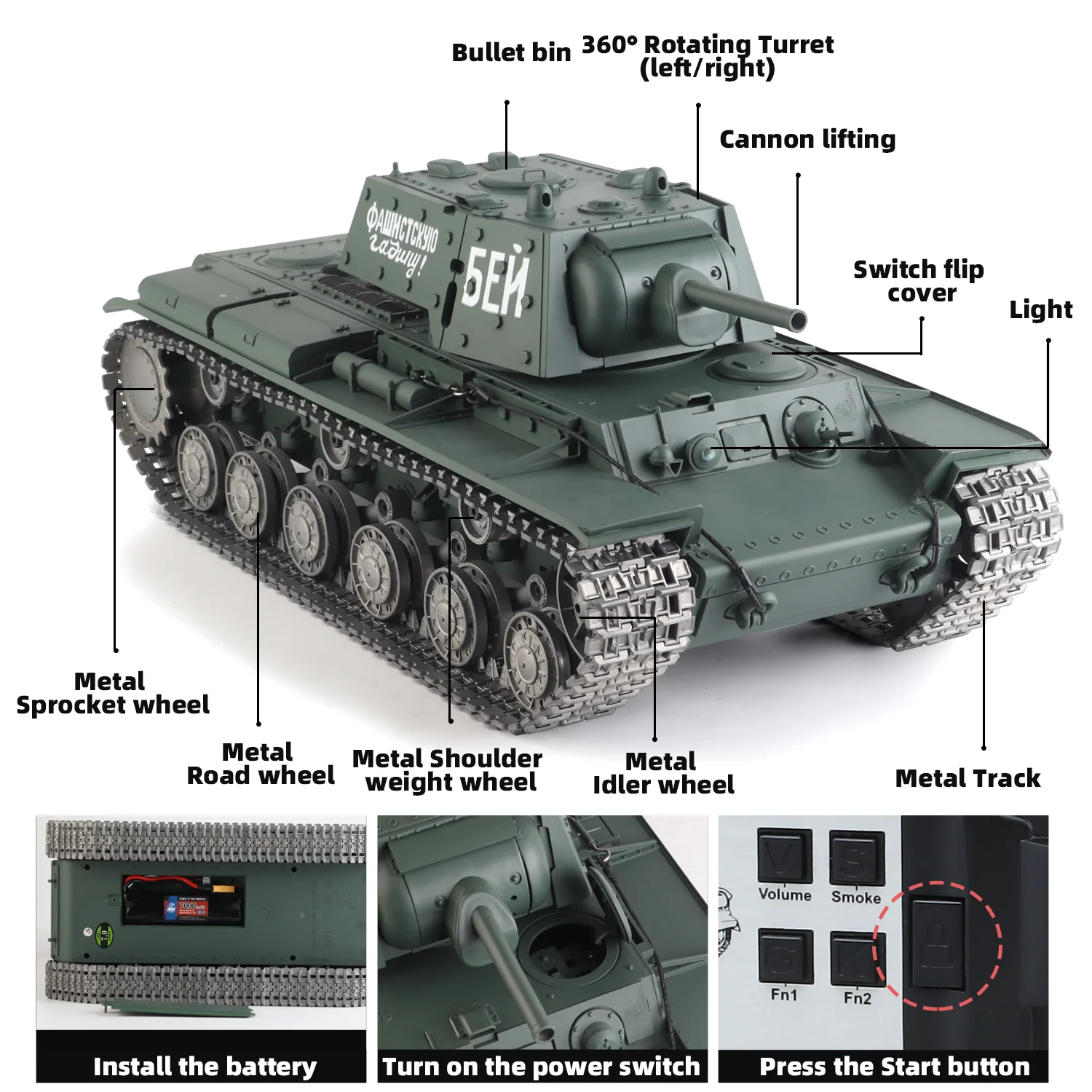 ヘンロン RC戦車 1/16 ソビエト KV-1 戦車 モデル 3878 (TK7.0 & 2.4GHz& メタルロードホイール & キャタビラ & ガンキャナル & 360度回転) ° 回転砲塔）