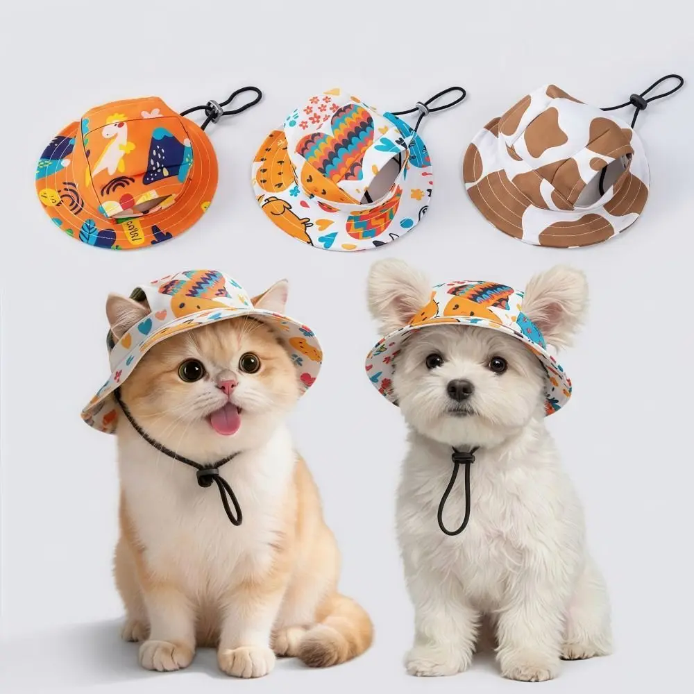 Breathable Cat Dog Sun Hat with Ear Holes UV Protection Pet Bucket Hat Adjustable Drawstring Lightweight Pet Cowboy Hat