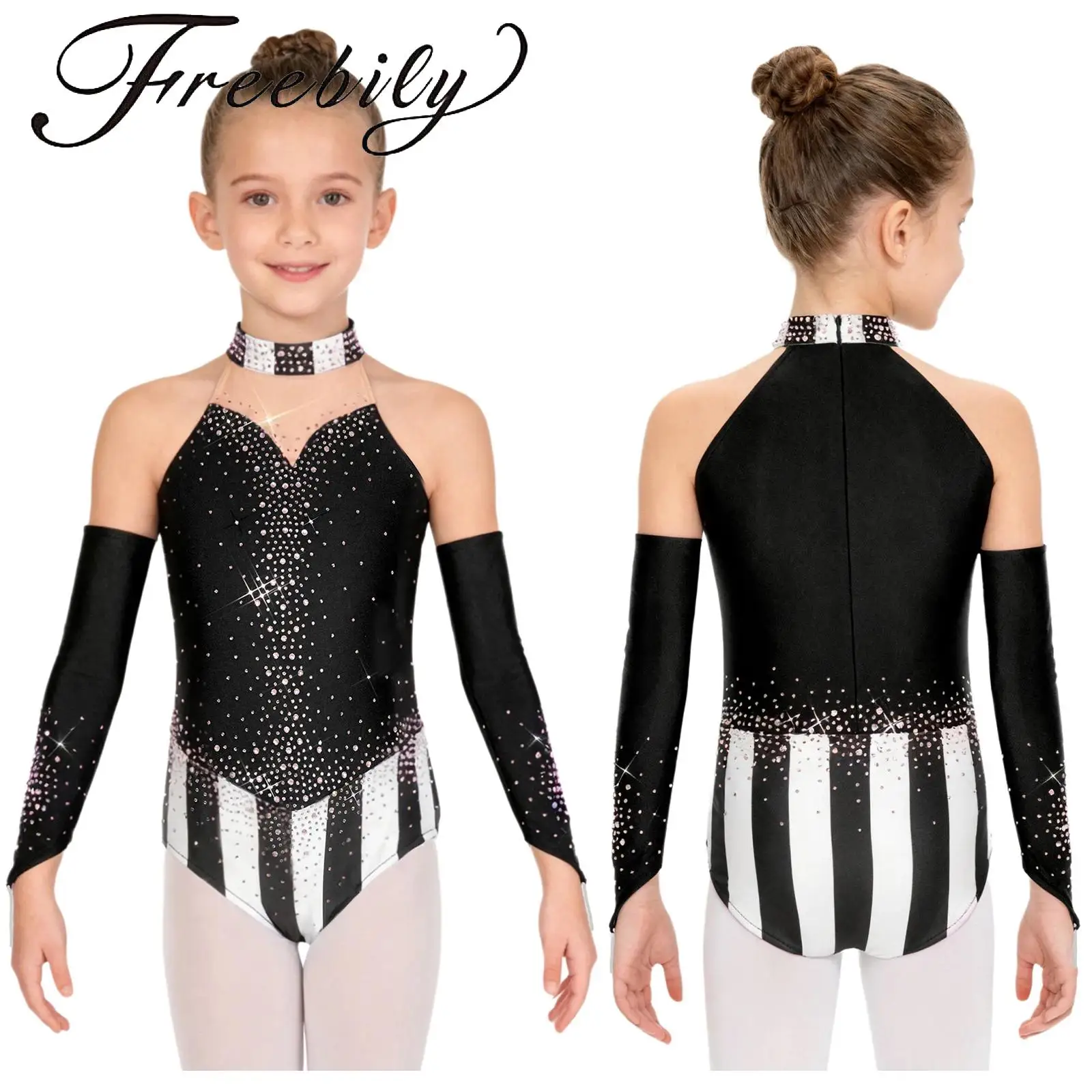 

Kids Girls Circus Dance Leotard Patchwork Design Adorned with Shinny Rhinestones Back Invisible Zipper Jumpsuit And Oversleeves