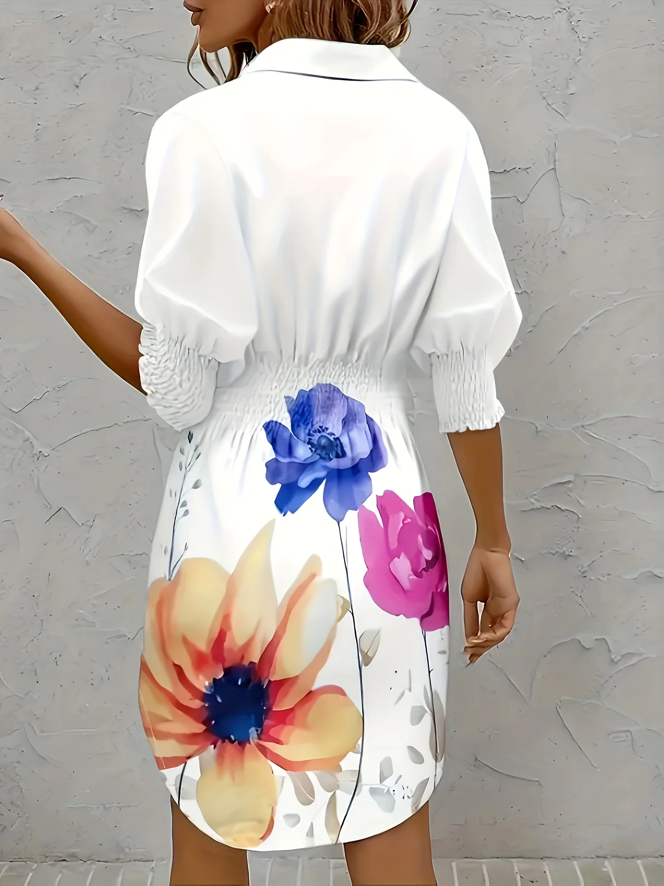 Women's Dresses Flower Print Lapel Long Sleeved Waist Cinched Dress Fashion Women Lantern Sleeves Button Up Shirt Dress