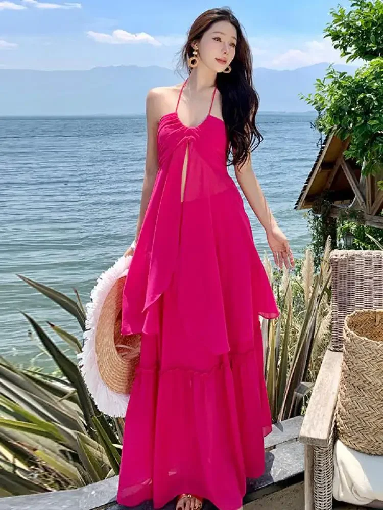 

Rose Red Vacation Two Piece Set Women Sleeveless Backless Halter Lace-up Tops And High Waist Ruffles Long Skirt Summer Suit Chic