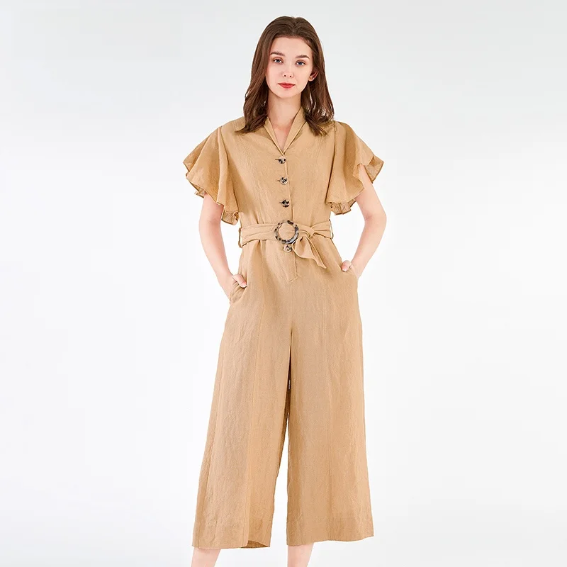 

ZOLLE Linen Rer Comfortable Loose Fit Classic Preppy Sle Women's Jumpsuit Long Pants mid Waist Design ket Detail