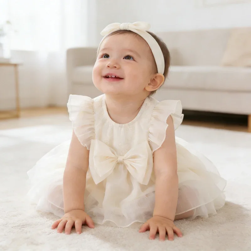2026 New Summer Newborn Baby Girls Romper Flying Sleeve Cotton Mesh Splicing Toddler Baby Girls Jumpsuit 0-24M Children Clothes