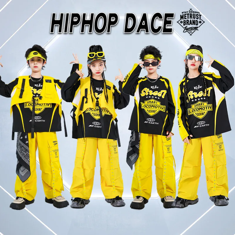 

Kid Jazz Dance Outfit Children Street Dance Performance Wear Oversize Top Black Yellow Shorts Hip Hop Pants Fashion Clothes
