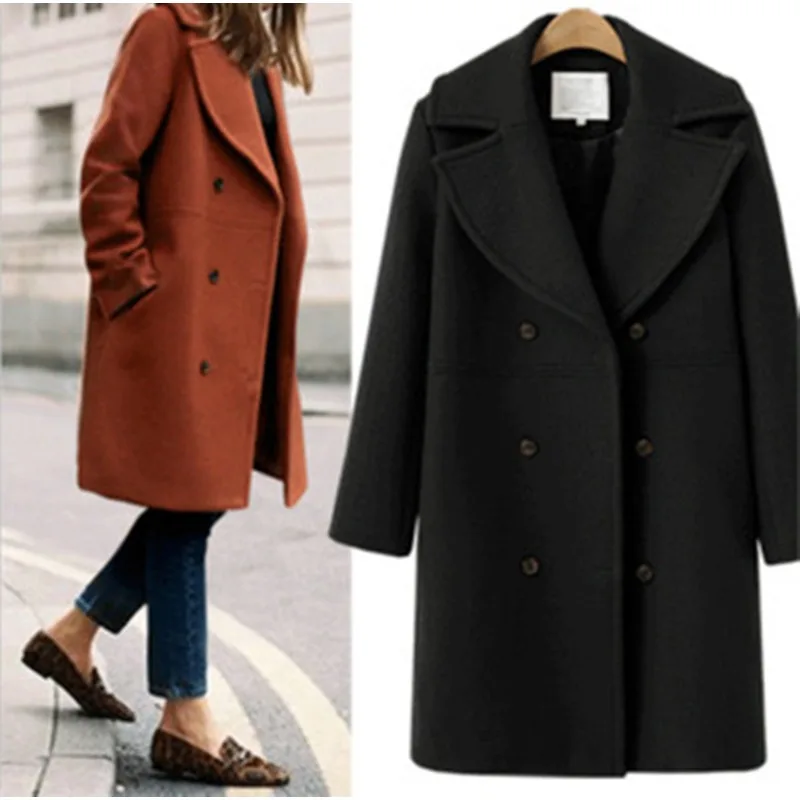Women Slim Cardigan Trench Autumn Winter New Woolen Coat Trench Women Long Sleeve Double Breasted Turn-down Collar Woolen Coat