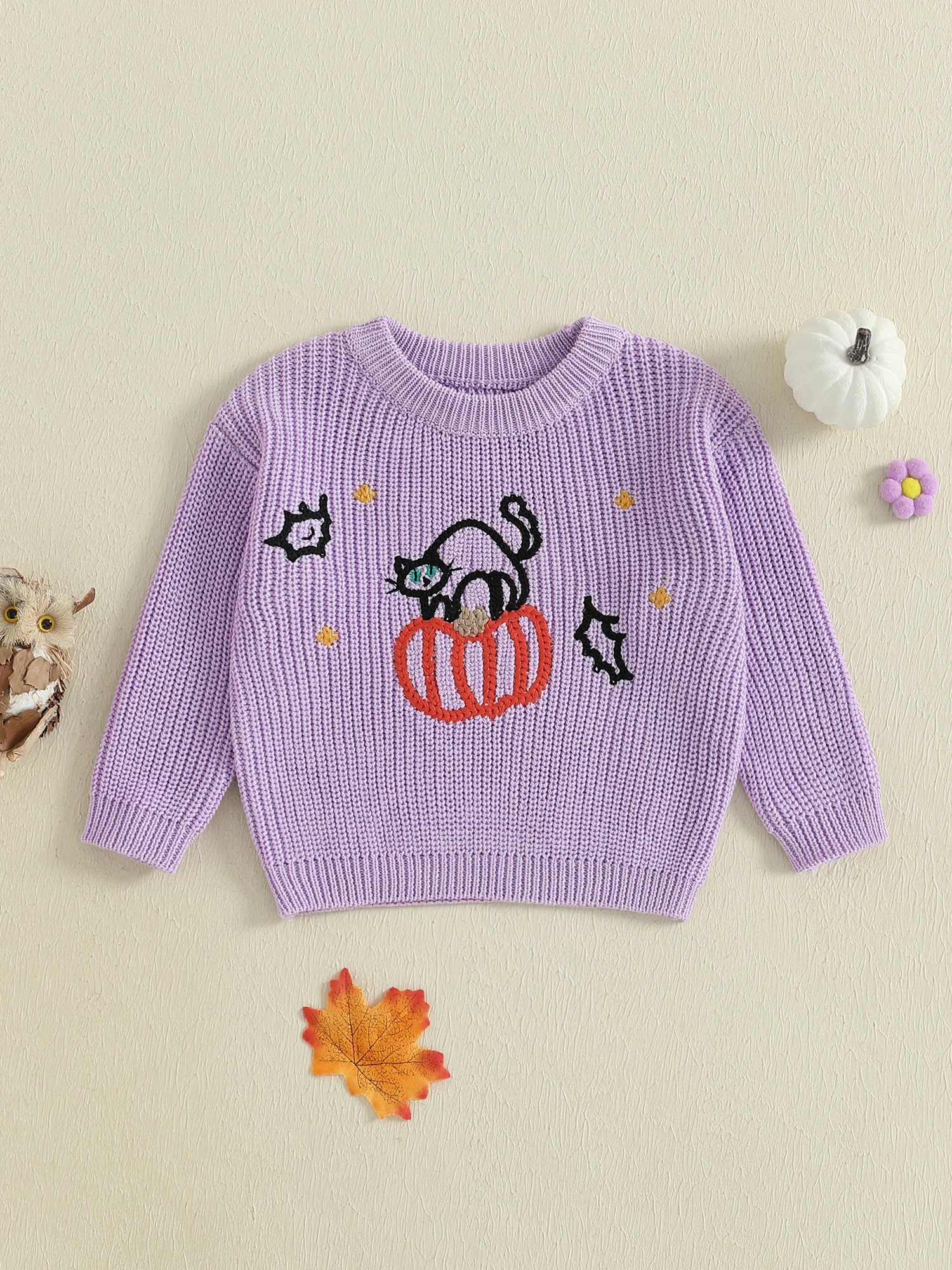 

Детский пуловер для девочек, уютный вязаный свитер с длинными рукавами и круглым вырезом с праздничным дизайном тыквы для холодного Хэллоуина