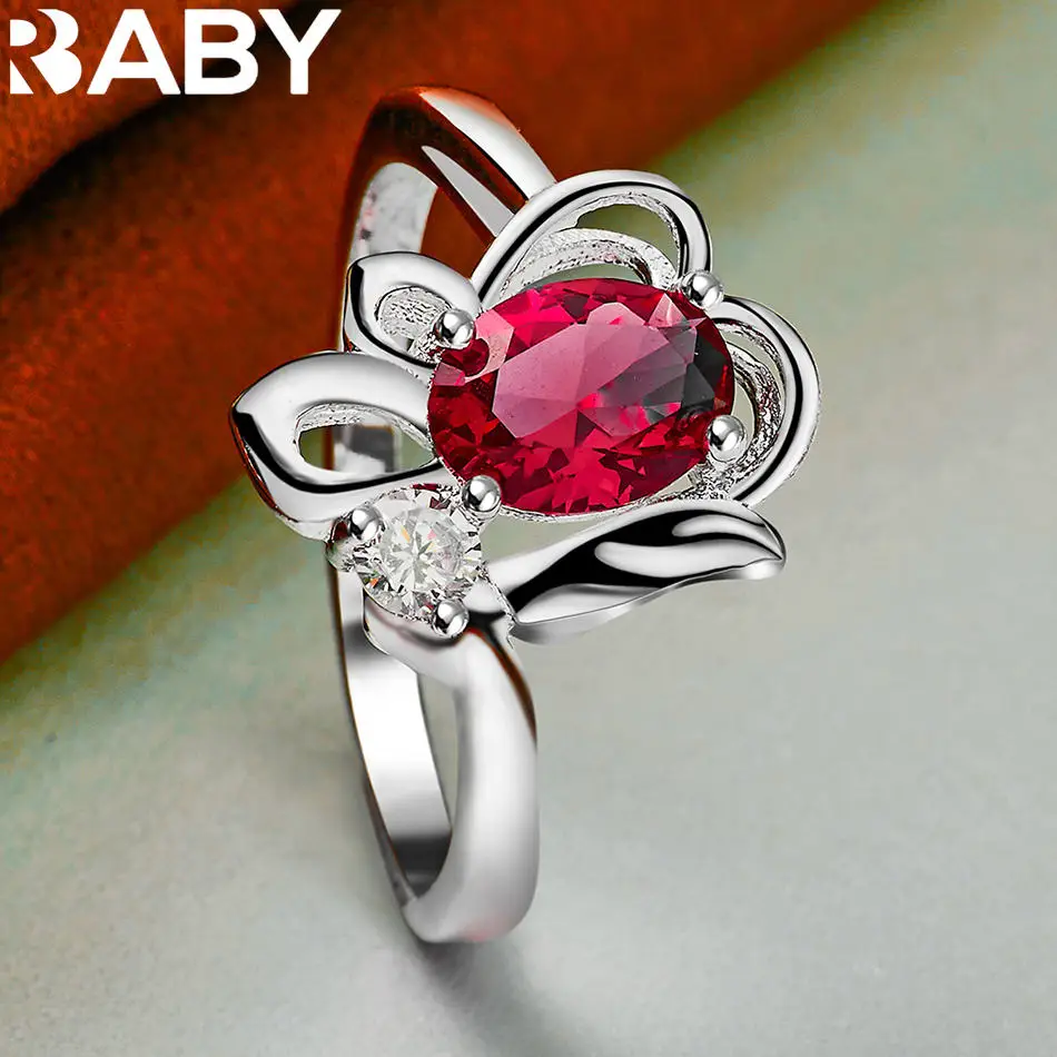 URBABY 925 เงินสเตอร์ลิงแหวนเพทายสีแดงสําหรับผู้หญิงแฟชั่นเครื่องประดับ Charm Grace Noble อุปกรณ์จัดงานแต่งงาน