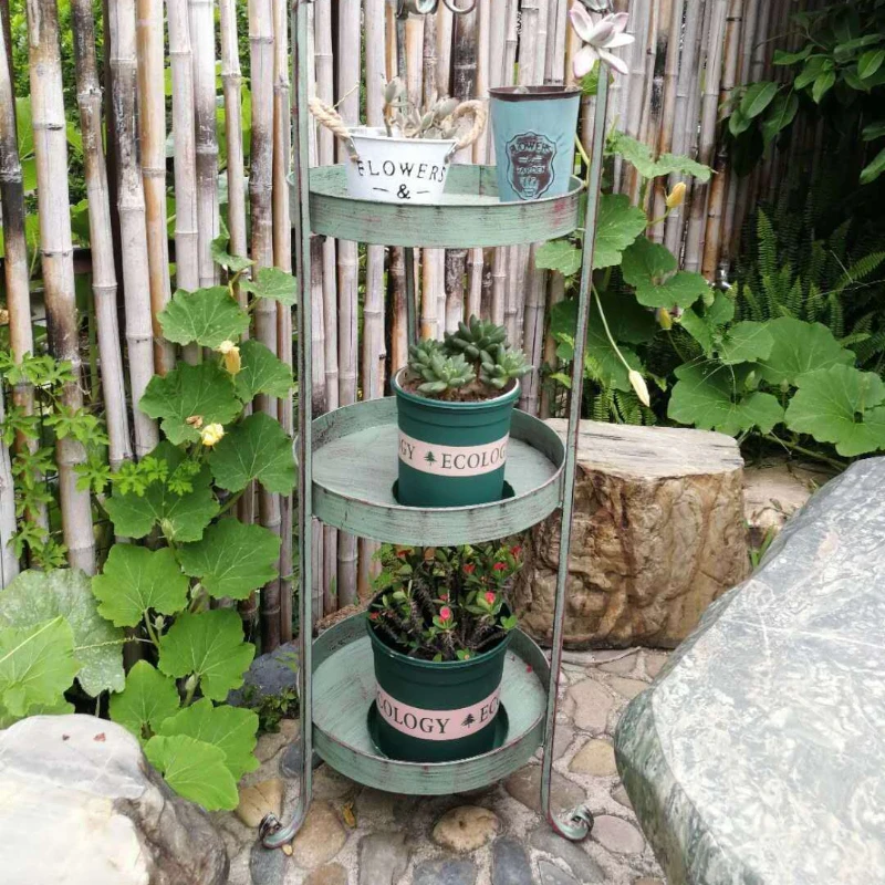 Étagère de rangement sur pied en fer vert, art rétro, balcon à trois étages, cour, salon, porte-fleurs