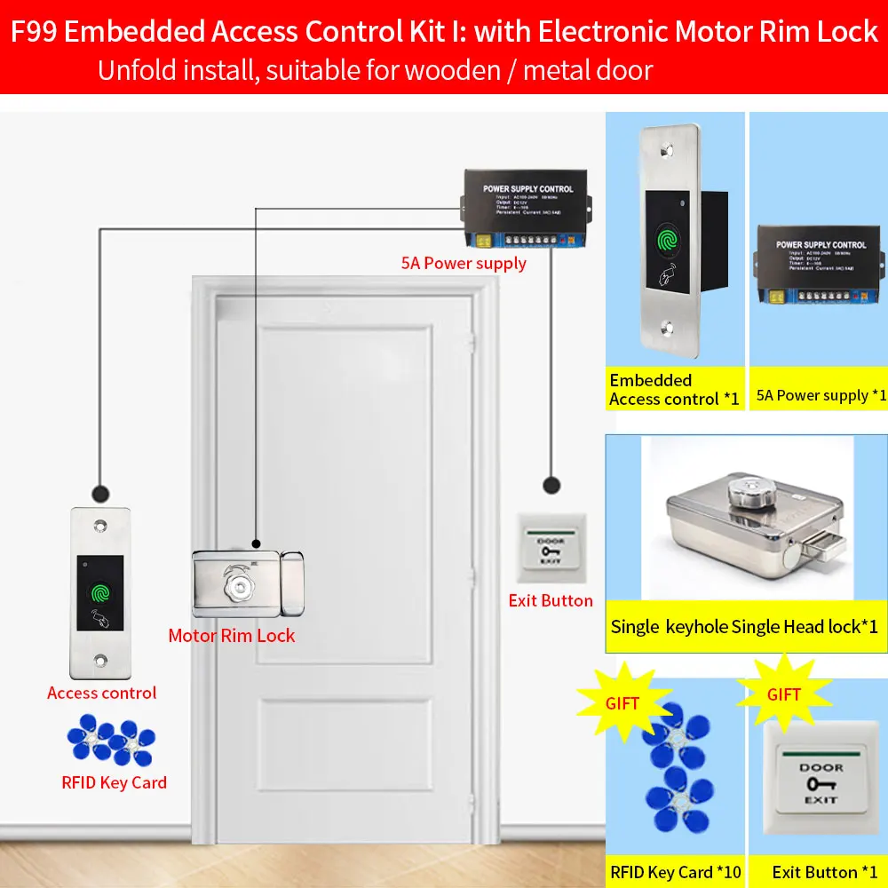 Metall Eingebettet Access Control Kits F99 Sets 125KHz RFID Keyfob Reader Fingerprint Türschloss Elektrische Tor Türöffner Wasserdicht