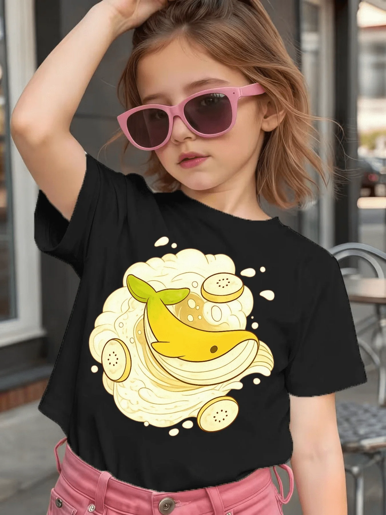 Cute Banana Whale Fruit Cartoon Graphic Kids Tee Boys Girls Family Matching Cotton Crew Neck Short Sleeve Soft Summer Tee