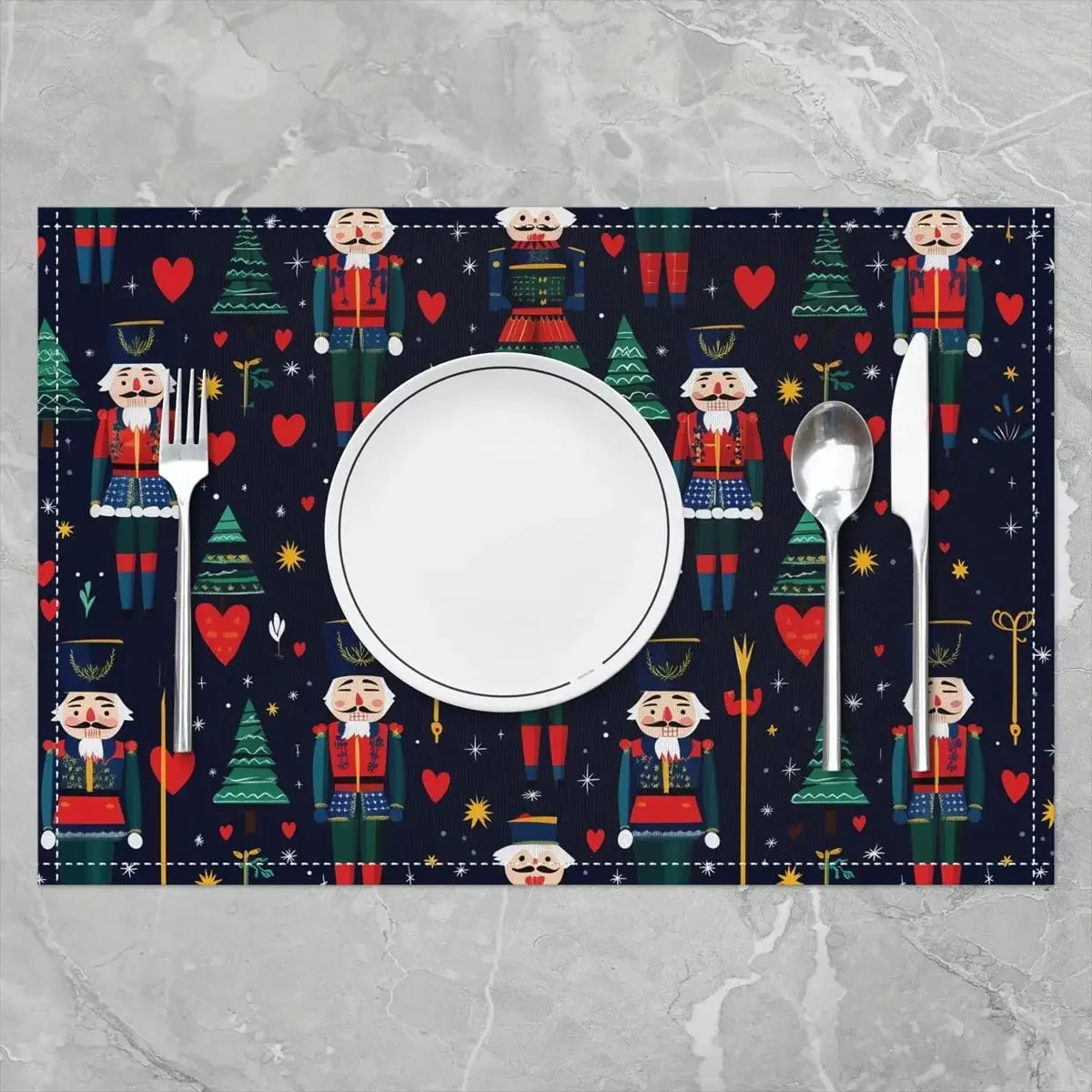 4/6pcs Blue Nutcracker Royal Guard Christmas Tree Heart Print Single-Sided Kids Placemat Set for Holiday Table Decor