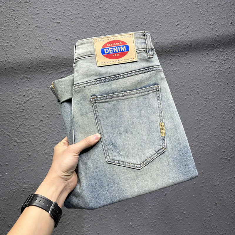 

2024Summer New Thin Type Jeans Men's Distressed Retro Fashion Casual Stretch Slim Fit All-Match Washed High-End Cropped Pants