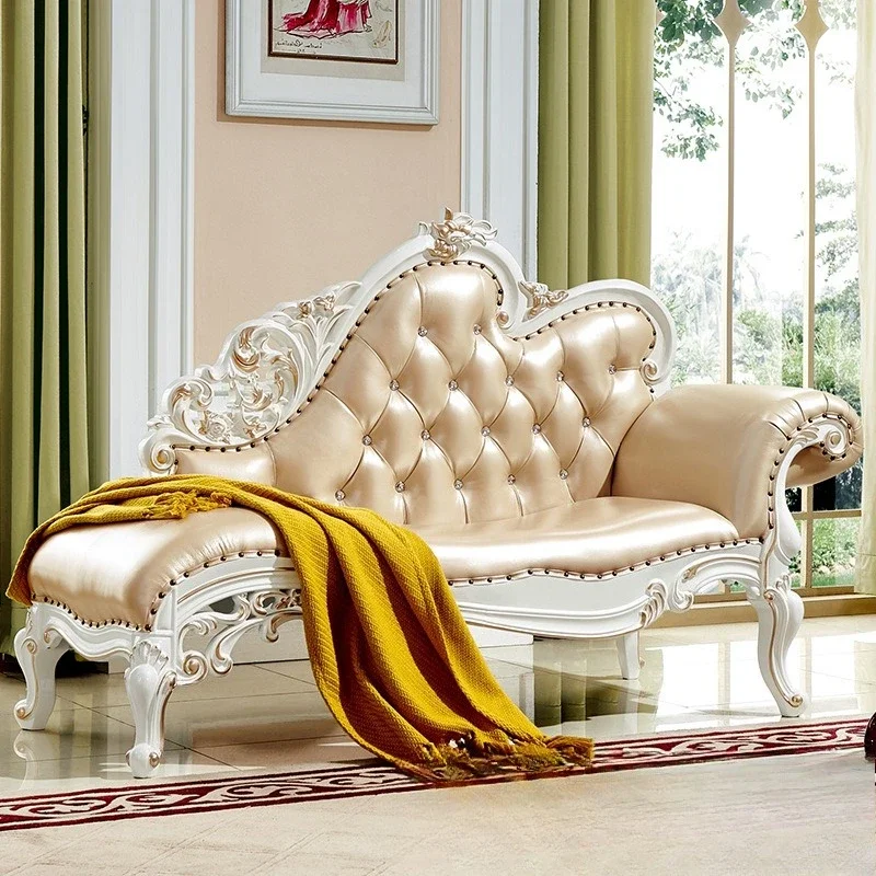 

1European All-solid Wood Concubine Chair Beauty Couch Leather Villa Carved Bedroom High-end Sofa Living Room.