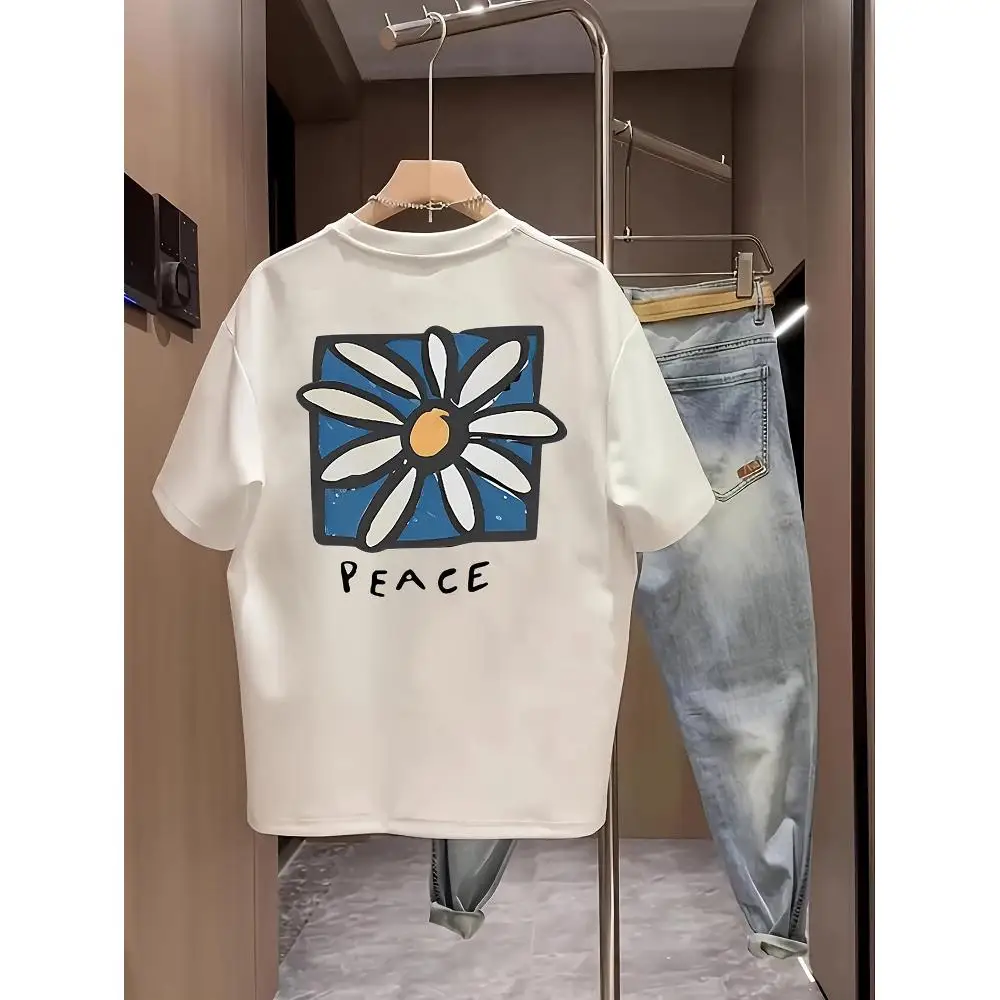 Men's White Blue Floral Black Daisy T-Shirt Loose Fit Short Sleeve Round Neck 100% Cotton Lightweight Casual Gift