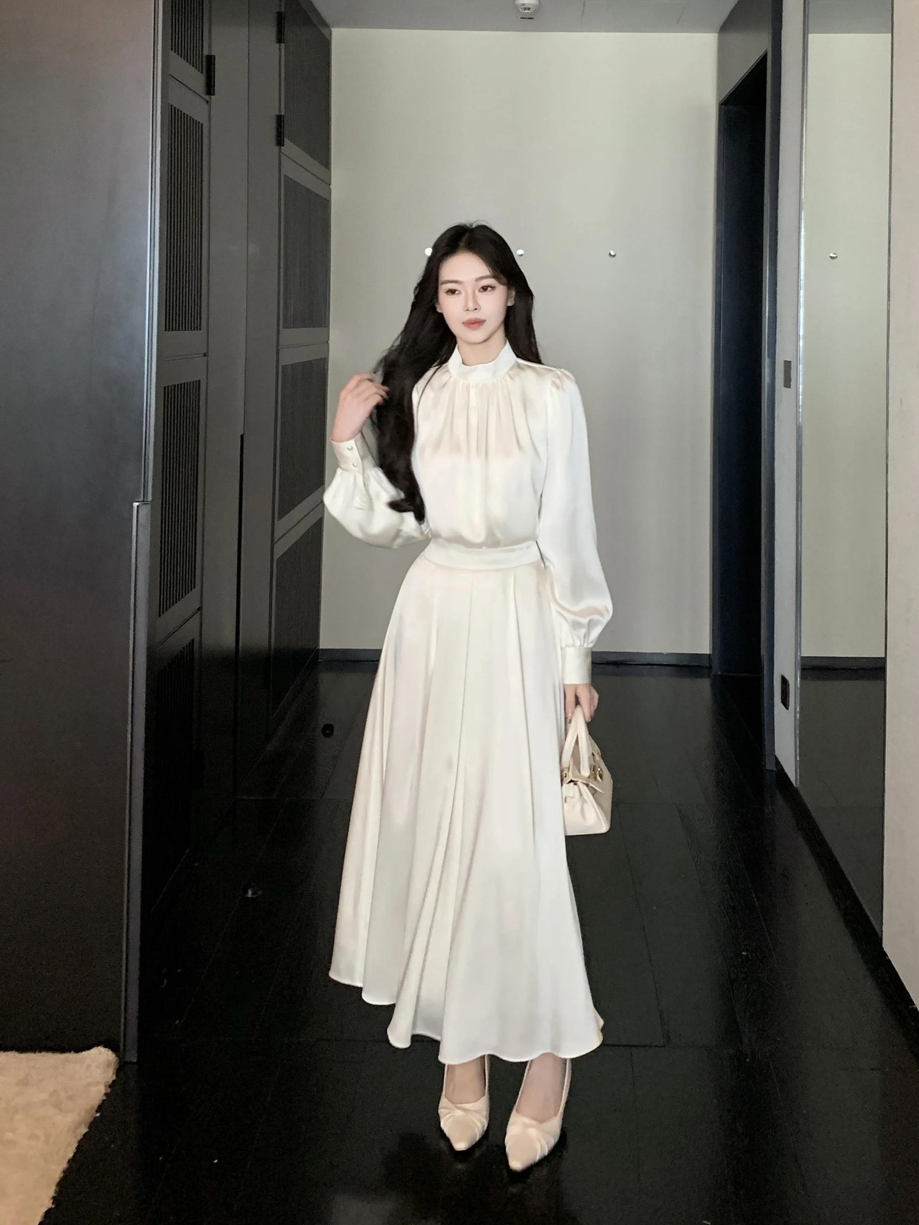 Elegant White Satin Wrap Waist Halter Neck Dress Women's Fashion Set Polyester Fiber Long Sleeve Spring Autumn Season