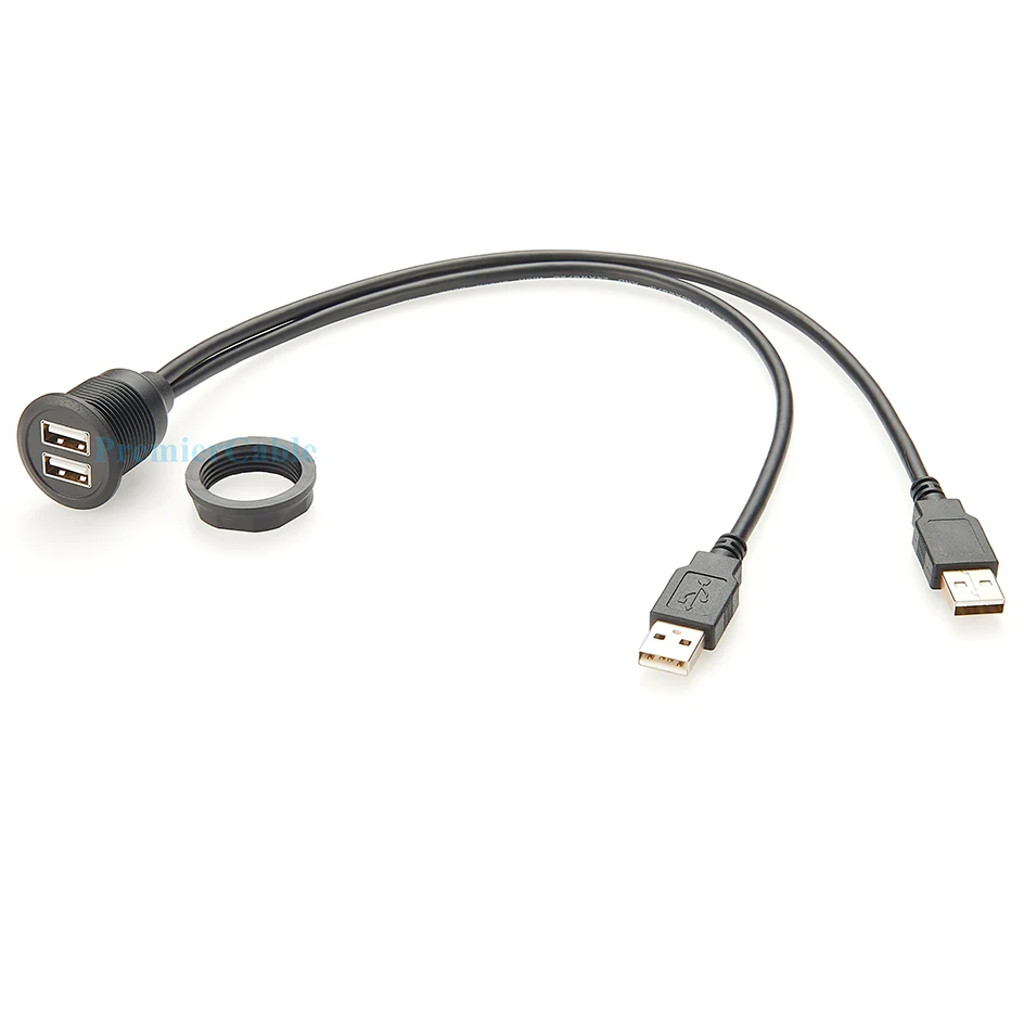 Dual Port USB 2.0 Type A Male to Female Extension Cable Flush Panel Mount 480Mbps USB A Bulkhead Extender for Car, Dashboard