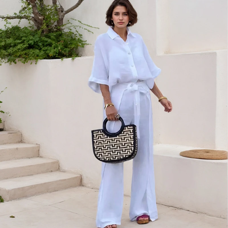 Set di camicie da donna eleganti Casual tinta unita in cotone e lino con bottoni colletto rovesciato camicia cintura gamba larga con spacco pantaloni irregolari