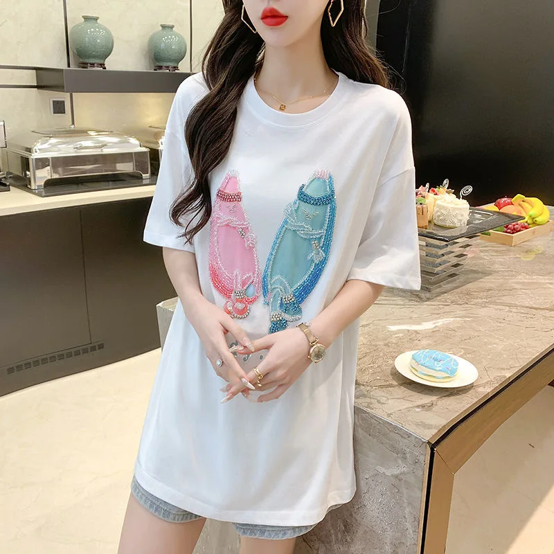 IHOBBY European Heavy Work Diomand Print T shirt 2022 Summer New Loose Short Sleeve Casual Long Style Tee Fashion Clothing Top