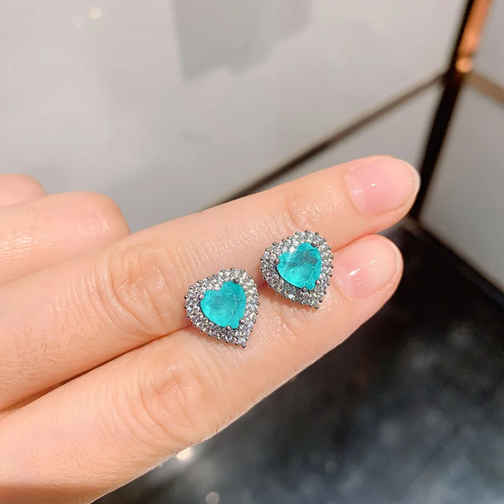 New Fashion Heart-Shaped Paraiba Tourmaline Emerald Stone Earrings For Women Lab Diamonds Earring Fine Jewelry Gift