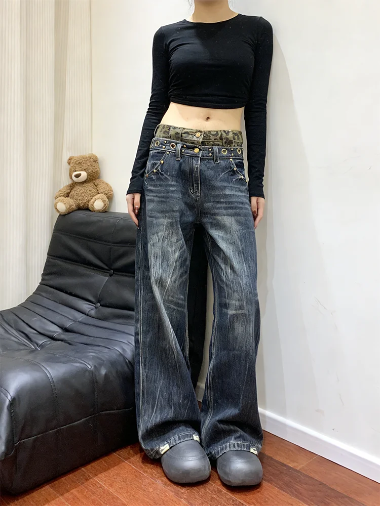 

plus Size American Style Sexy Girl Double Waist Head Rivet Design Denim Pants Women Vintage Loose Lazy Slimming Floor-Length ...