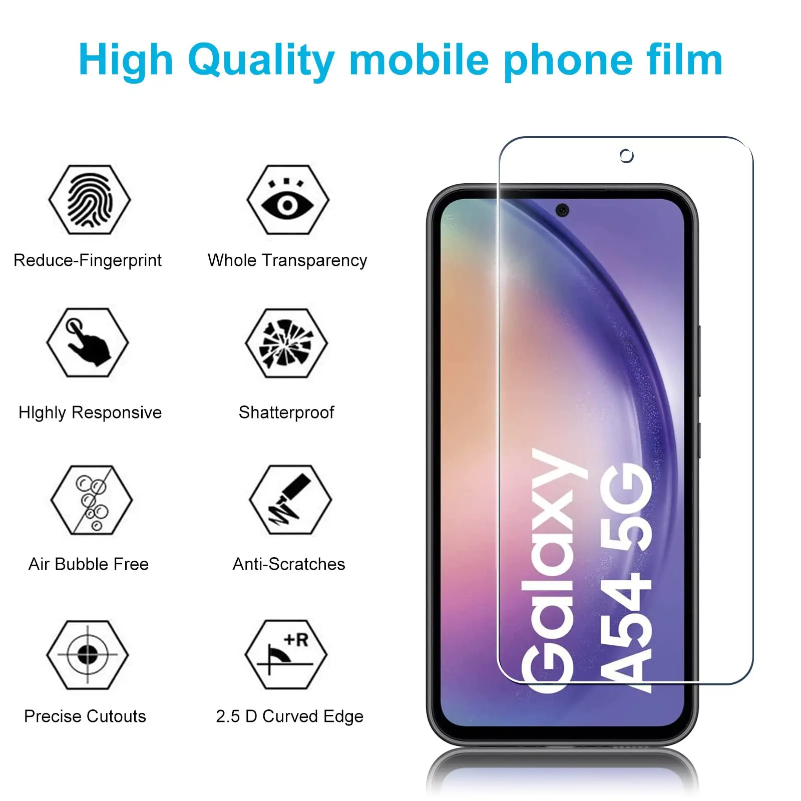 Screen Protector For Galaxy A54 5G Samsung, Tempered Glass HD 9H Transparent Ultra Clear Anti Scratch Case Friendly High Aluminu