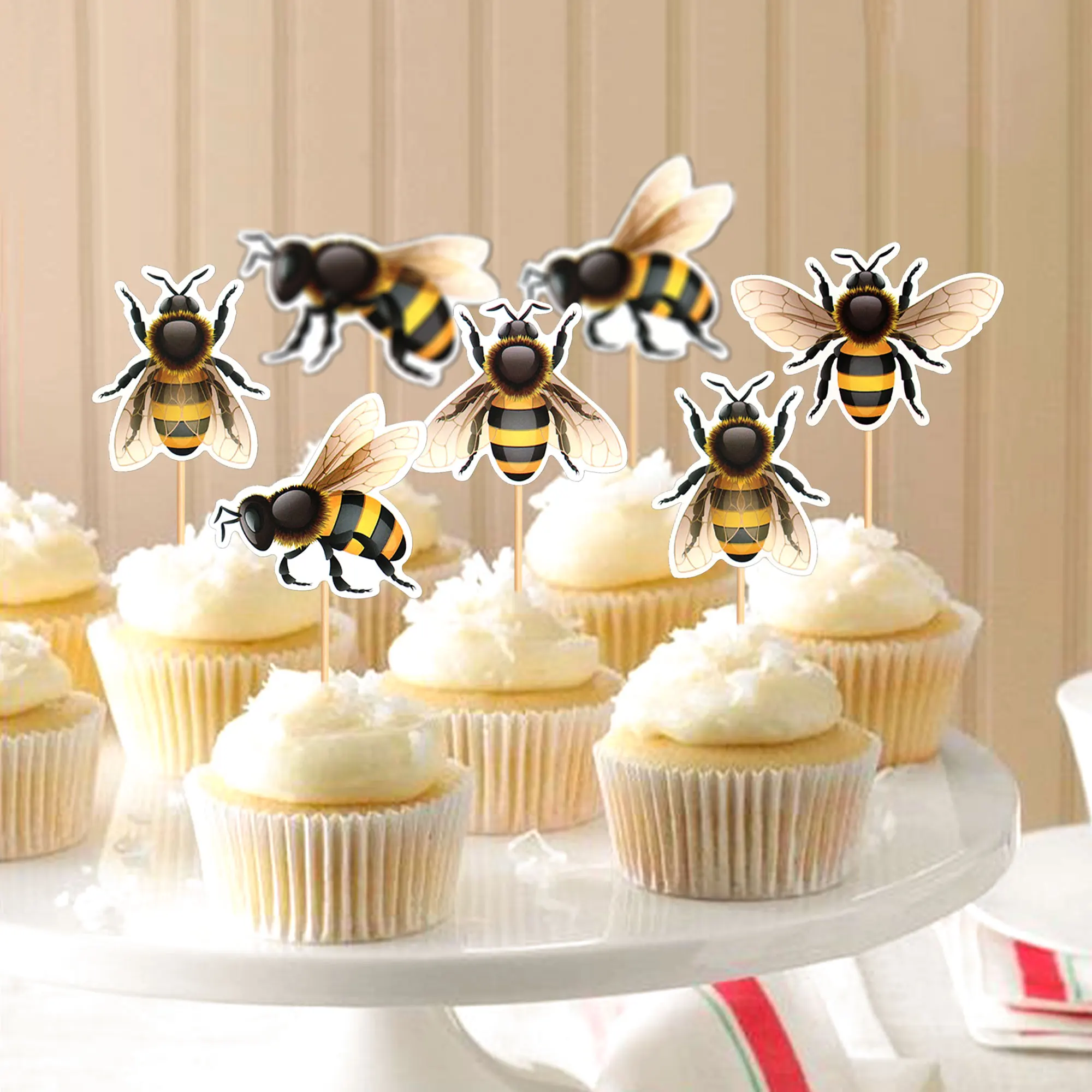 Bee Daisy Sun Flower Cake Topper Happy Birthday Wedding Bride Party Yellow Cupcake Toppers Baby Shower Baking Dessert DIY Decor