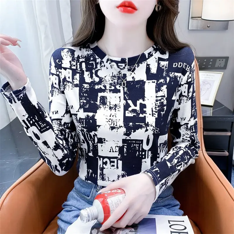 Vintage Printed O-Neck Casual Long Sleeve Letter T-Shirts Female Clothing 2024 Autumn New Loose Korean Tops All-match Tee Shirt