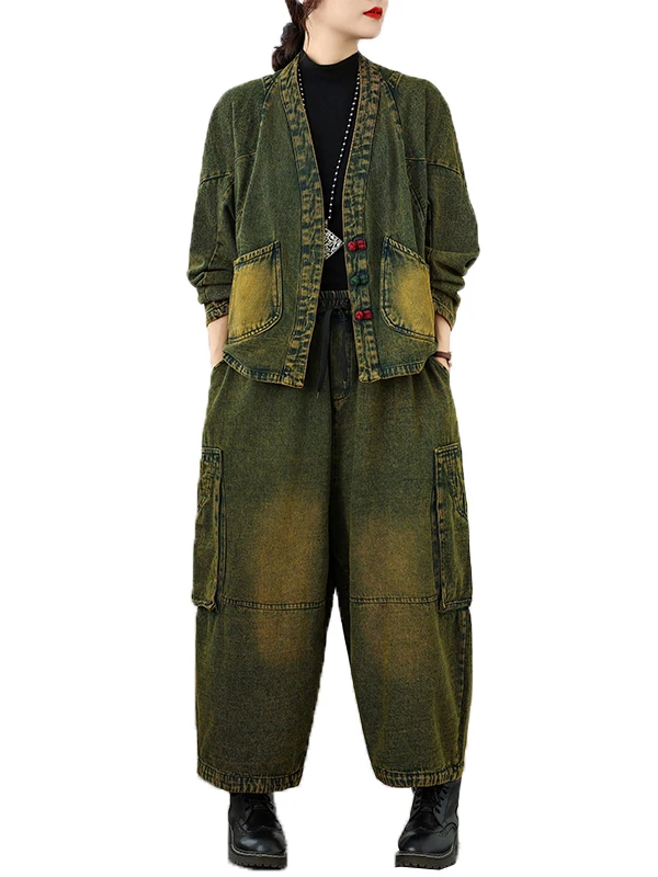 

Retro Button up Denim Casual 3D Large ket Loose Faion Bat irt Two Piece Set Women's Autumn Wear Comfortable V Ne Lon...