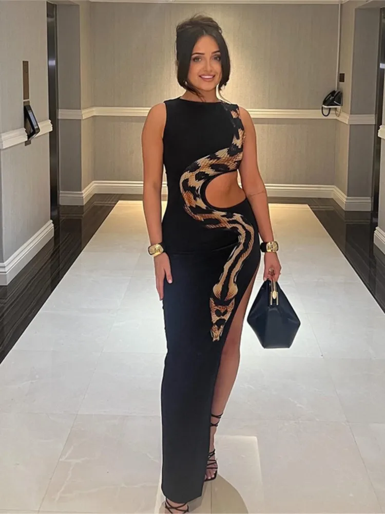 فستان مثير بدون أكمام برقبة دائرية للنساء موضة الصيف طباعة الثعبان فساتين كلاسيكية بفتحة مجوفة للسيدات
