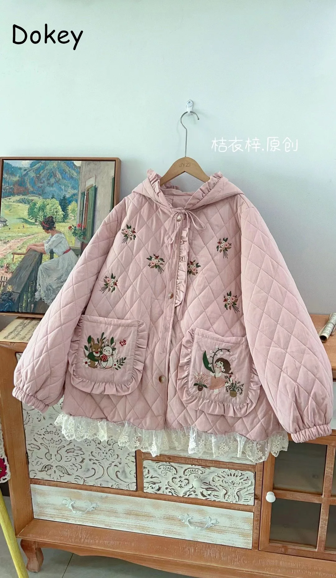 Vintage Embroidery Kawaii Winter Hooded Parka Women Japanese Mori Lace Ruffled Patchwork Casual Cotton Padded Jacket Coat Female