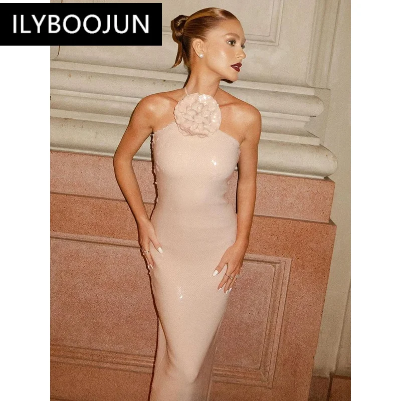 2024 New Women 3d Flowers Halter Backless Sexy Club Sequin Bodycon Prom Long Dress Party Festival Split Celebrity Luxury Wrap