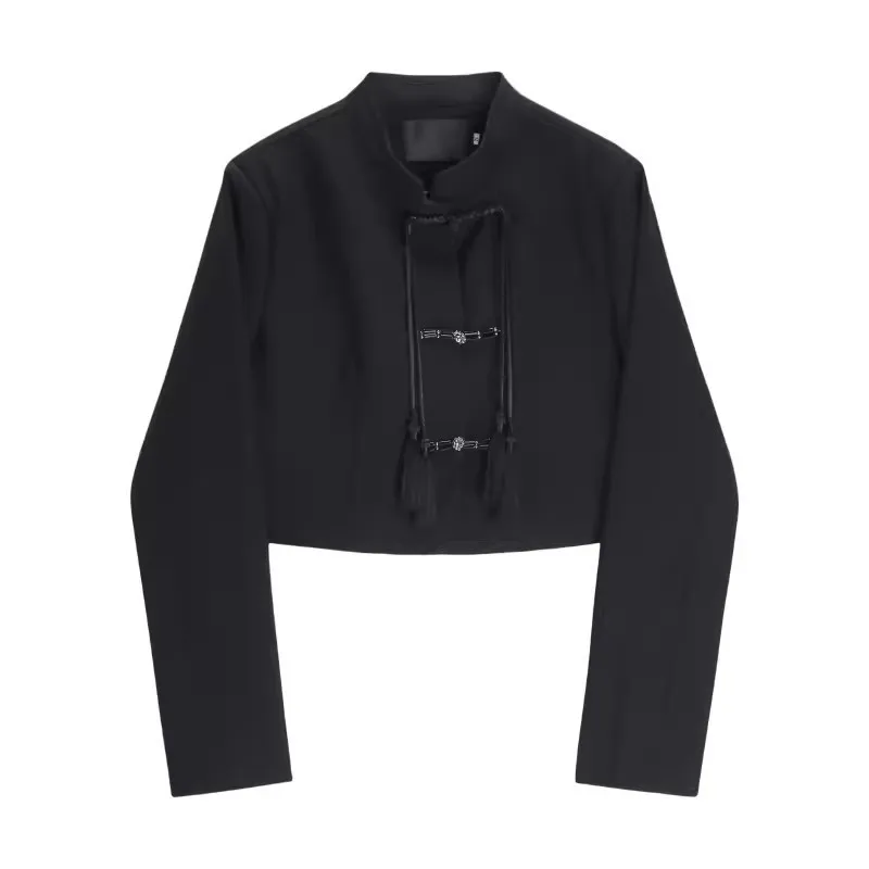 Spring Autumn Women Slim Korean Black Short Suit Jacket Vintage Stand-up Collar Single-breasted Long Sleeve Female Blazers Coat