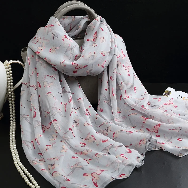 グレーシルクスカーフ女性用マルベリーシルクプリントロング夏秋冬多用途韓国スタイルファッションアクセサリー