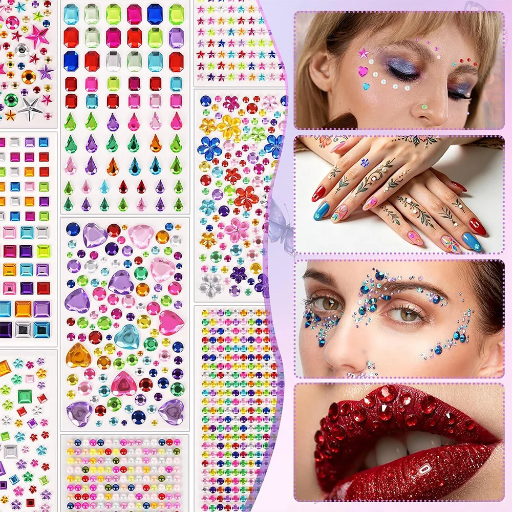 635-2774 Stück Edelstein-Aufkleber, Schmuck-DIY-Bastelset, selbstklebend, verschiedene Formen, Strass-Gesichtsschmuck, Acryl, glitzernd, Party- und Feiertagsgeschenk – Detail 4