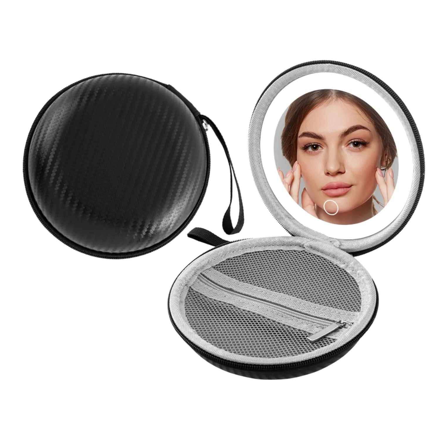 Portable Leather Makeup Mirror - Touch Dimming, Built-In Lipstick Storage, Rechargeable with Hanging Strap