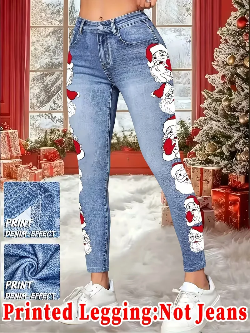 Women Printed Leggings Not Denim Fabric, Fake Pocket & Button Print Design Pants, High Elastic Fashion Slim Fit Skinny Casual