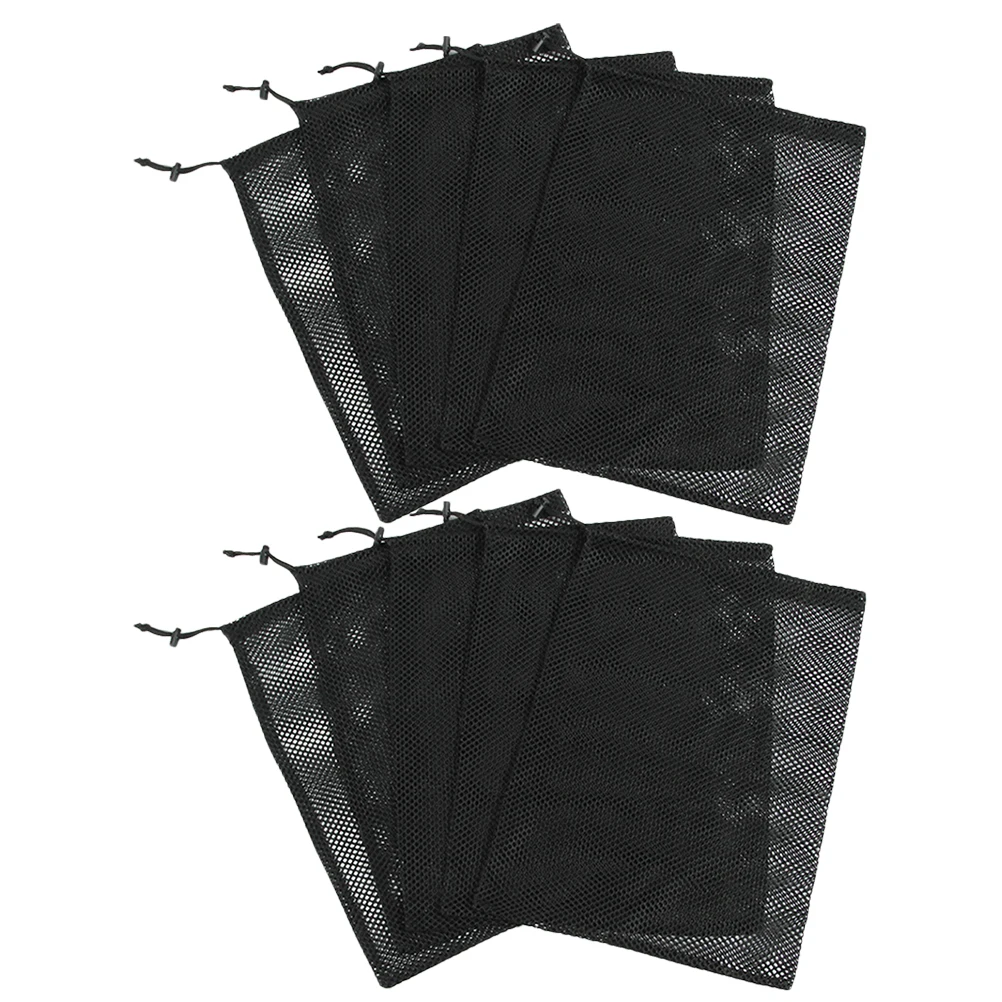 

10 Pcs Black Mesh Storage Bags 30x25cm Drawstring Laundry Vegetable Travel Strong Lightweight Polyester Foldable Space Saving