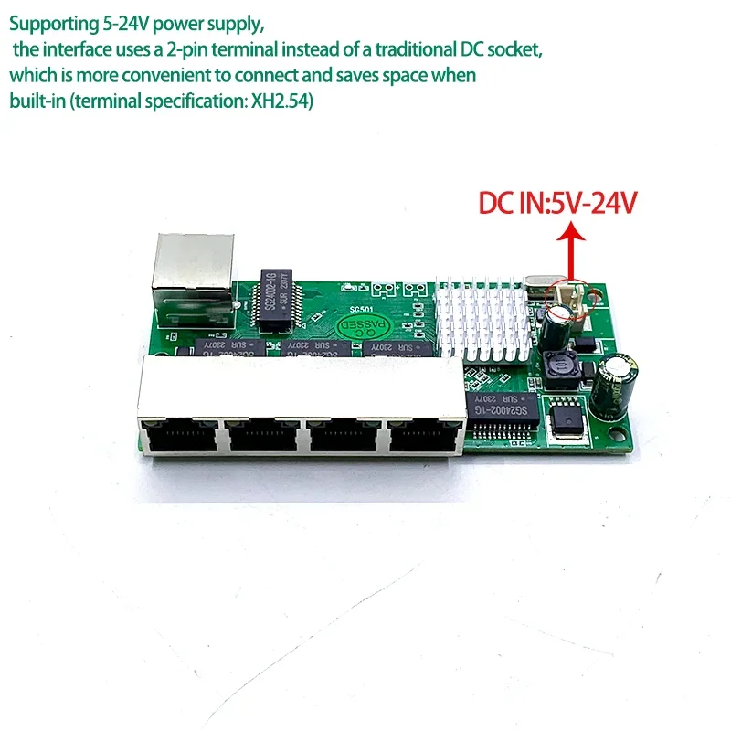 Mini PCBA 5Ports Networkmini ethernet switch module 10/100/1000Mbps 5V-24V