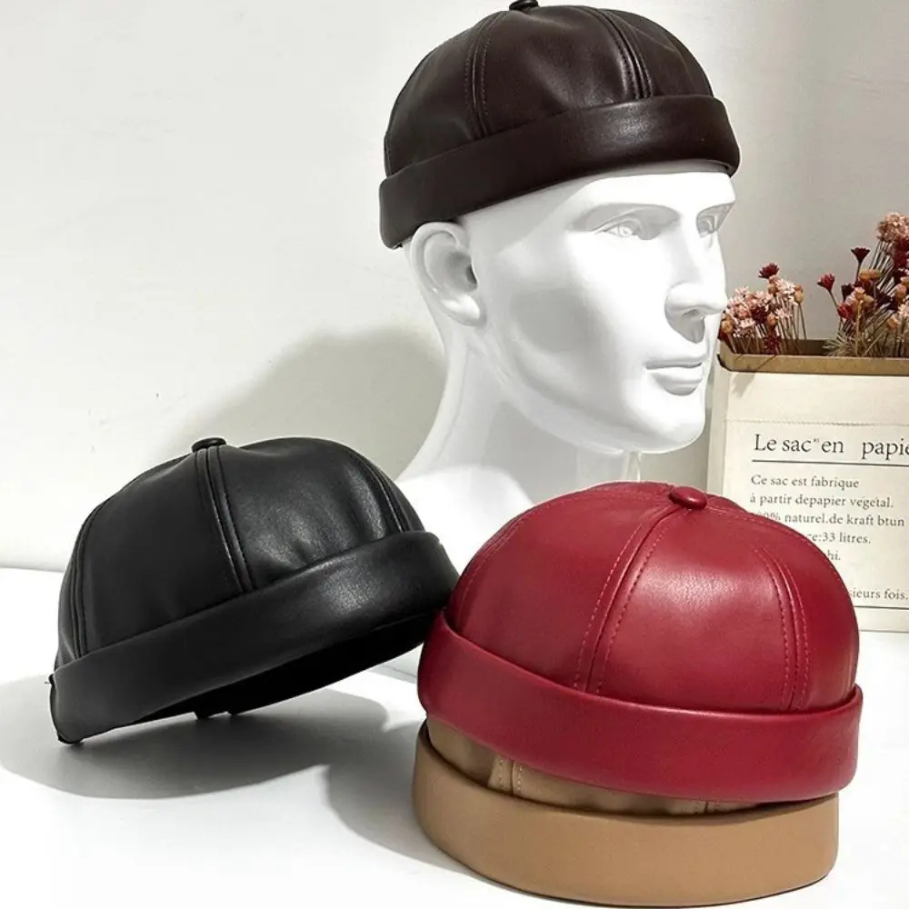 

Casual Retro Brimless Hat Solid Color Adjustable Melon Skin Caps PU Leather Landlord Hat Unisex