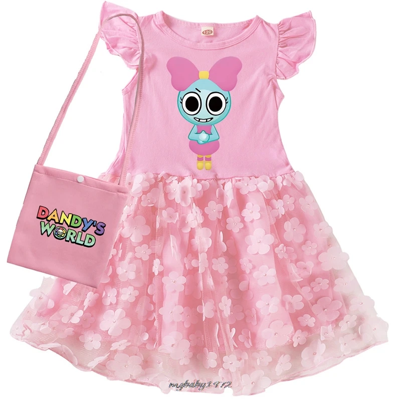 New Game Dandy's World Clothes Kids Cartoon Dress Baby Girls Short Sleeve Evening Dresses Children Princess Vestidos And Bag