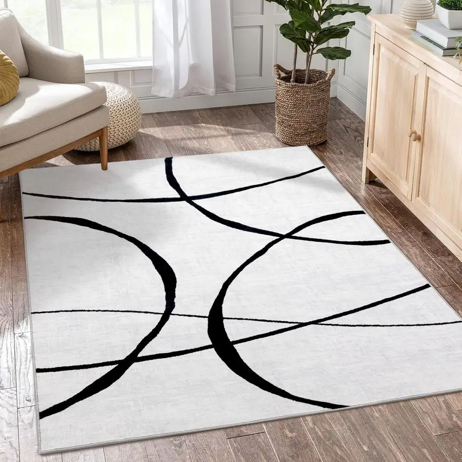

5x7 Washable Living Room Rug Modern Abstract Black and White Area Rug NonSlip for Bedroom Home Office Curve, 5x7ft