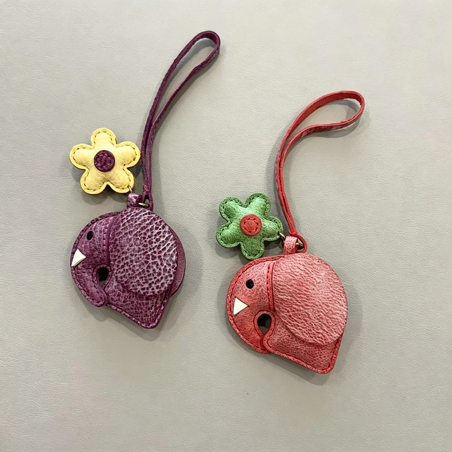Cute Elephant Genuine Leather Bag Charm Keychain Pendant Gift Creative Handmade Leather Accessory