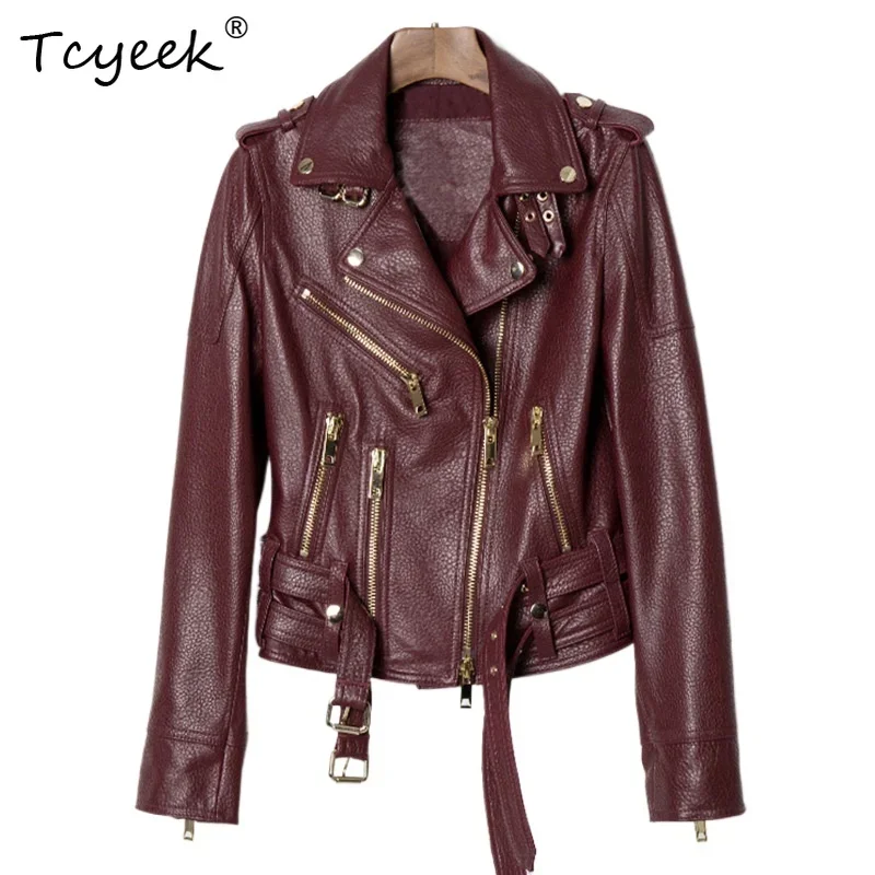 Tcyeek Top Layer Sheepskin Motorycle Jacket Slim Fit Short Real Leather Jackets for Woman Spring Autumn Clothes Trendy Casaco