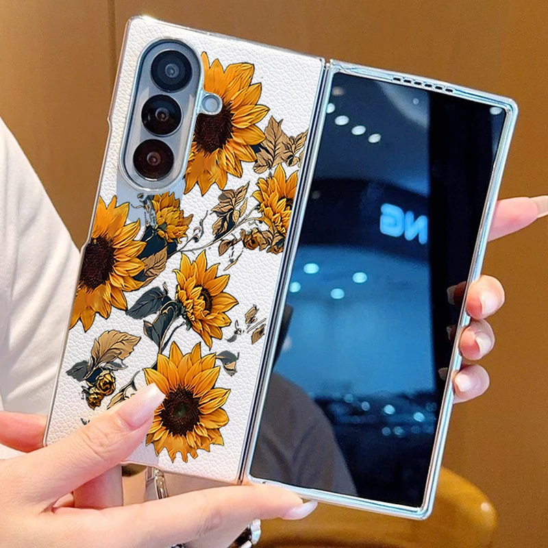 Sunflower Lotus Rose Flower Case For Samsung Z Fold 7 6 5 Hybrid Leather Skin Plating Folding Cover For Samsung Z Fold7 Fold6