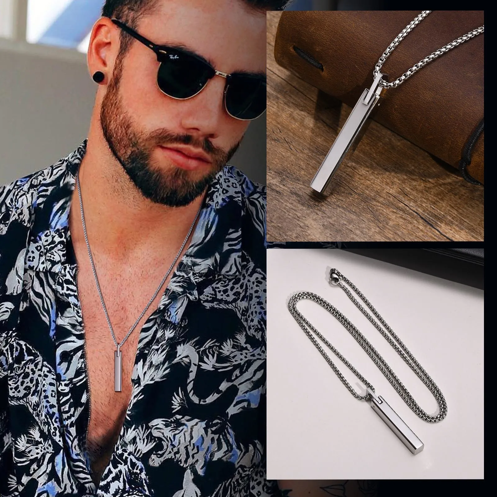 Vnox Men Necklaces, 3D Vertical Bar Pendant with Box Chain, Simple Classic Geometric Stainless Steel Male Collar Jewelry