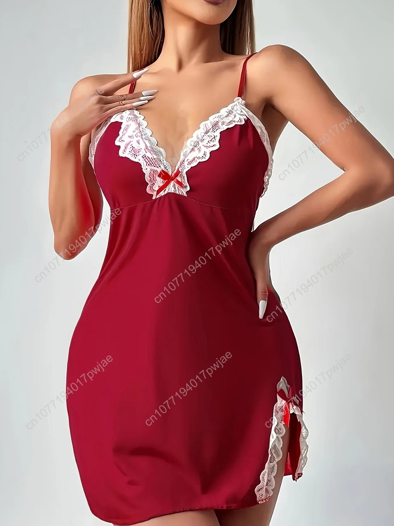 [Chemise de nuit en dentelle] Chemise de nuit sexy en dentelle grise pour femme avec détail de nœud - Vêtements de nuit toutes saisons sans manches à col en V sans soutien-gorge inclus, E